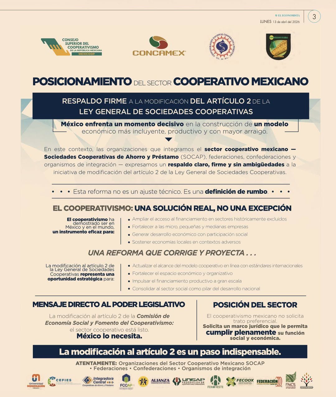 Infografia sobre el respaldo del sector cooperativo mexicano a la reforma del articulo 2